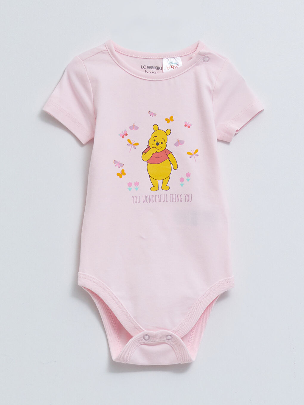 Pembe Bisiklet Yaka Kısa Kollu Winnie the Pooh Pamuklu Kız Bebek 3'lü Takım-1