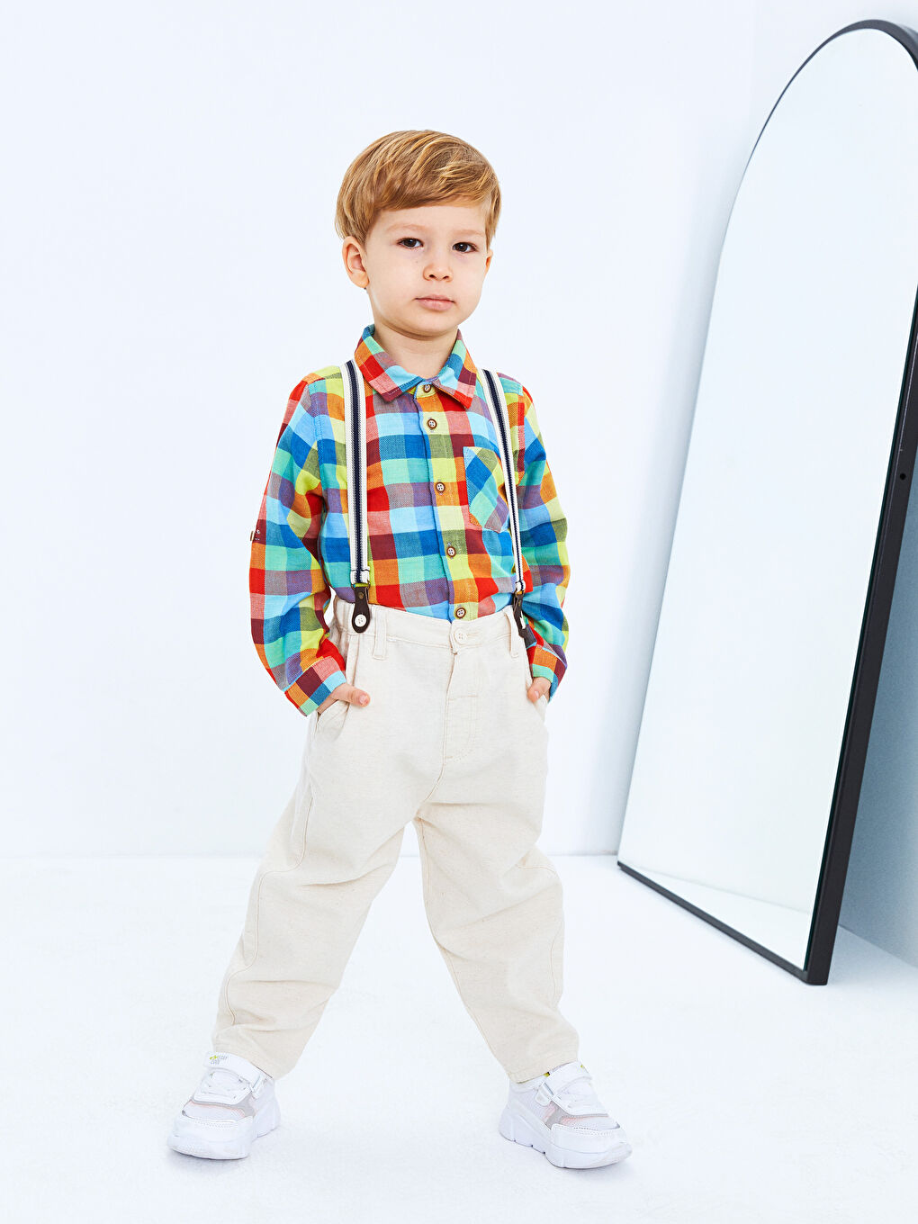 Elastic Waist Basic Bag Baby Boy Trousers and Suspenders 2 Piece Set-1