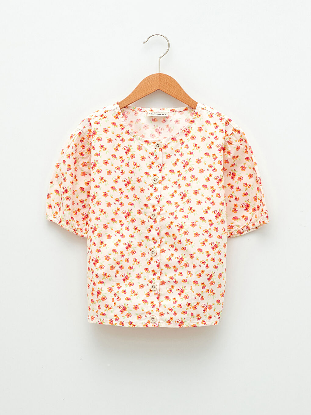Ekru Bisiklet Yaka Desenli Kısa Kollu Poplin Kız Çocuk Bluz