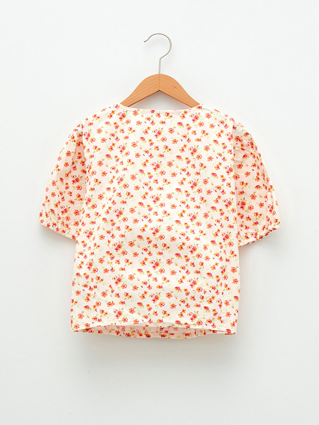 Ekru Bisiklet Yaka Desenli Kısa Kollu Poplin Kız Çocuk Bluz-1