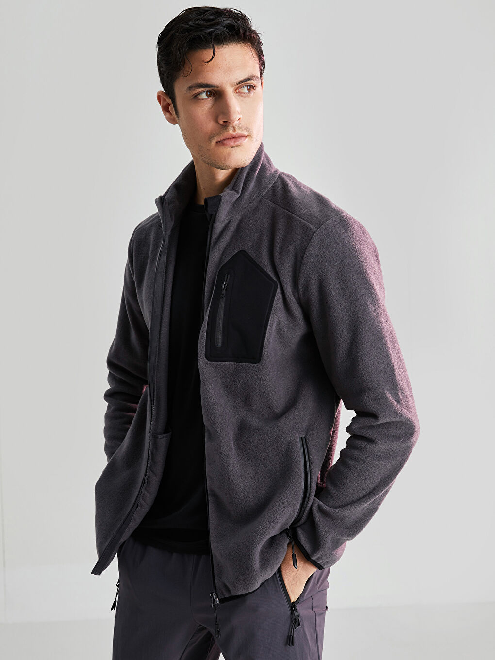 Gri Standart Kalıp Dik Yaka Erkek Polar Hırka-1