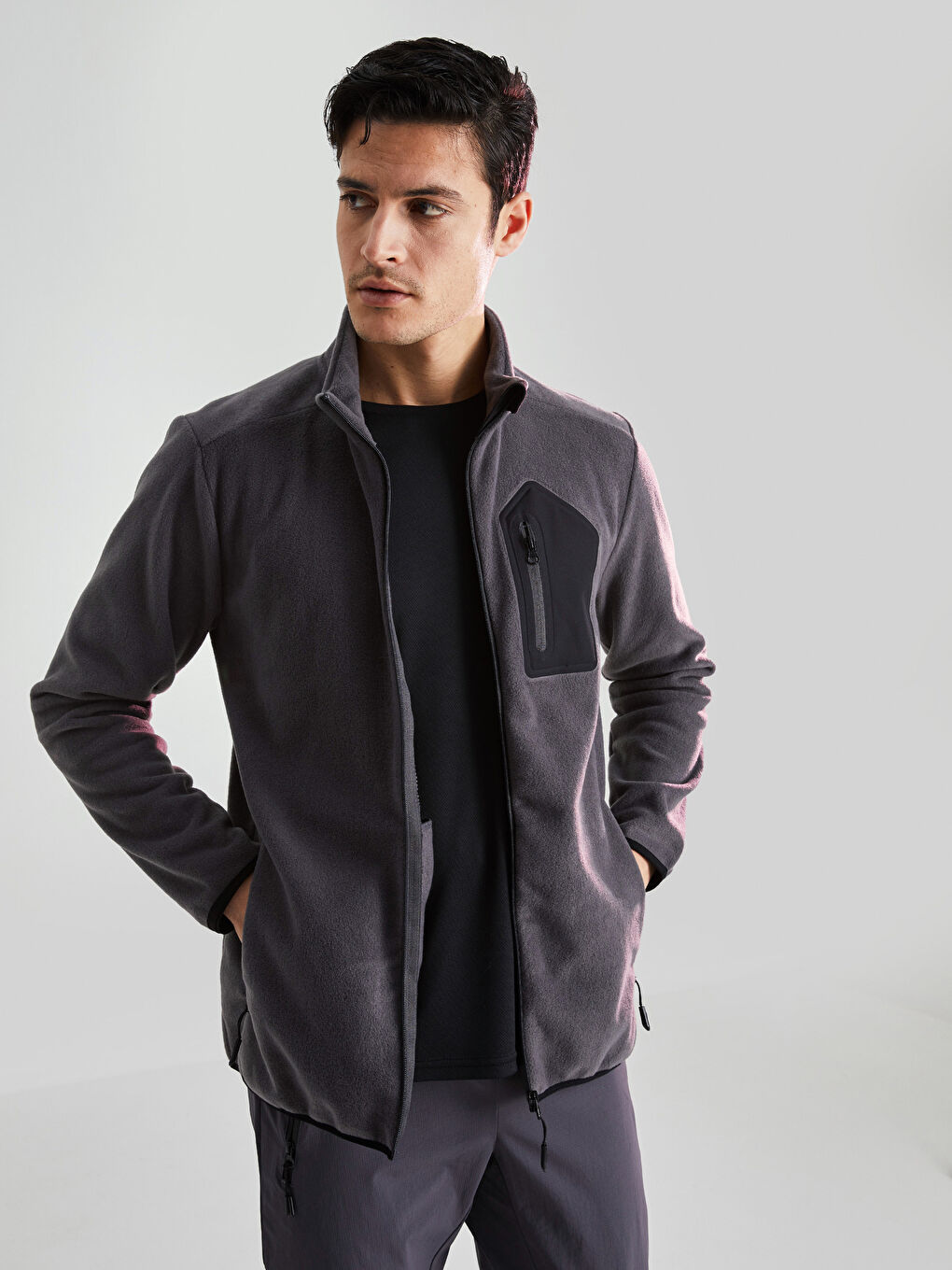 Gri Standart Kalıp Dik Yaka Erkek Polar Hırka-2