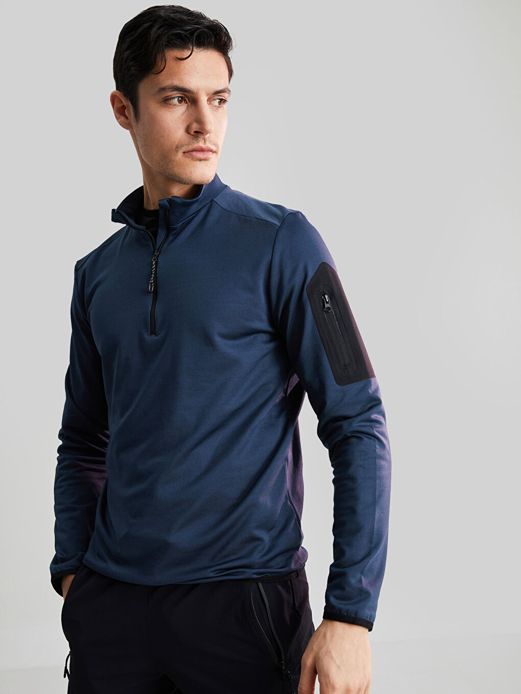 Lacivert Dik Yaka Uzun Kollu İnce Erkek Sweatshirt