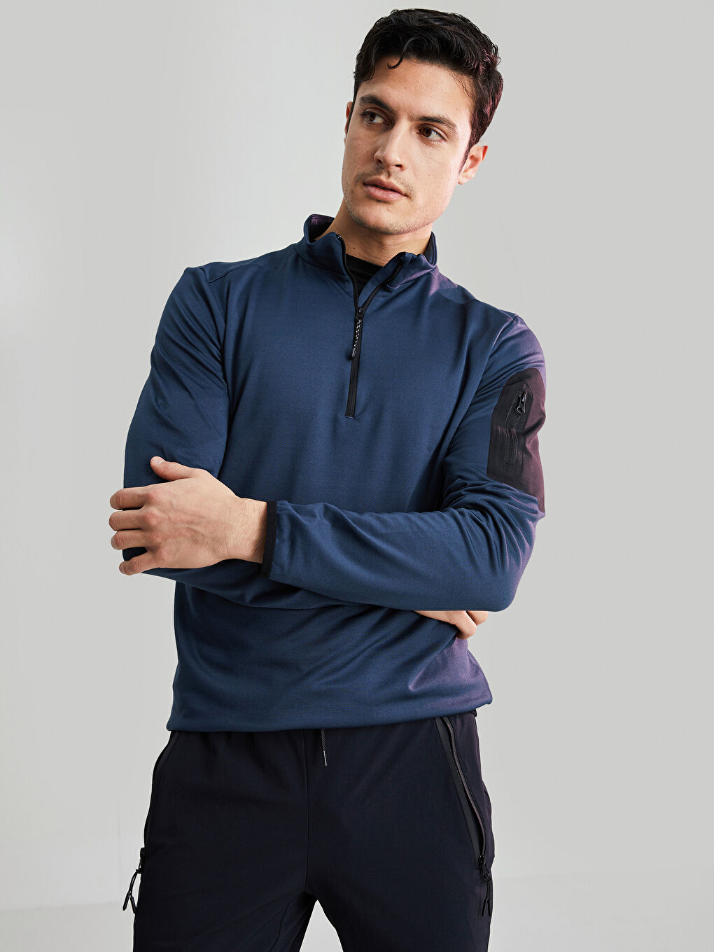 Lacivert Dik Yaka Uzun Kollu İnce Erkek Sweatshirt-1