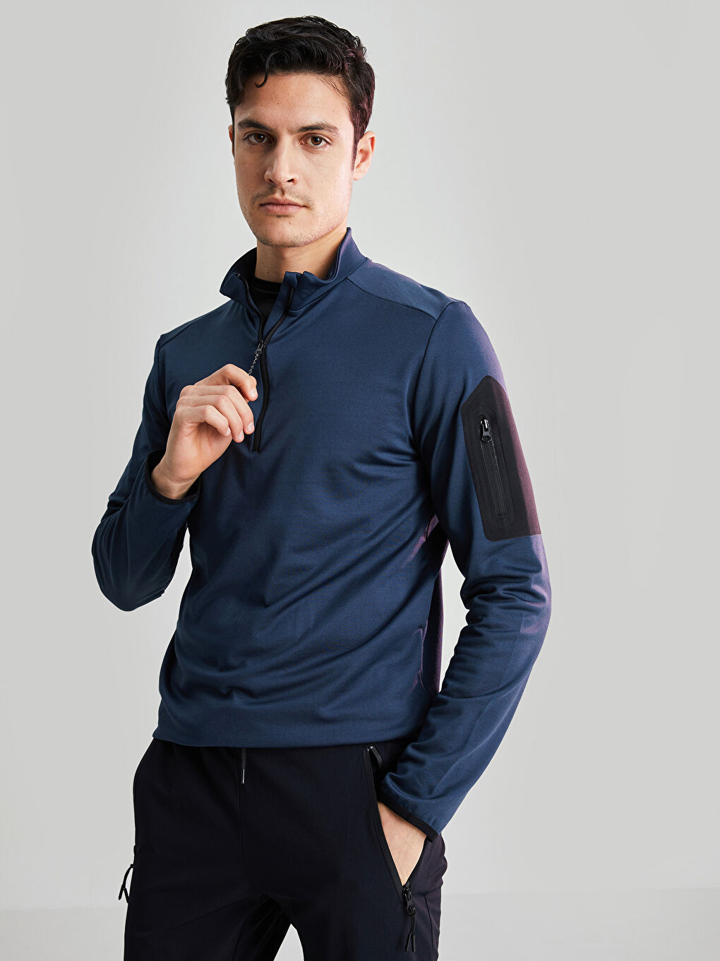 Lacivert Dik Yaka Uzun Kollu İnce Erkek Sweatshirt-2