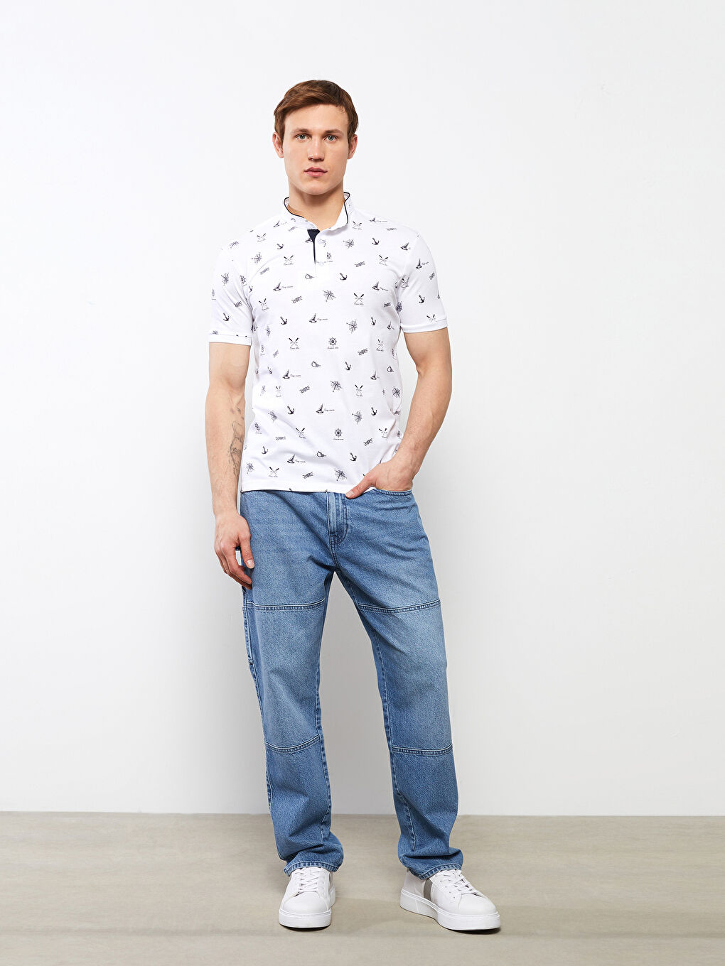 Grandad Collar Short Sleeve Patterned Men's T-Shirt