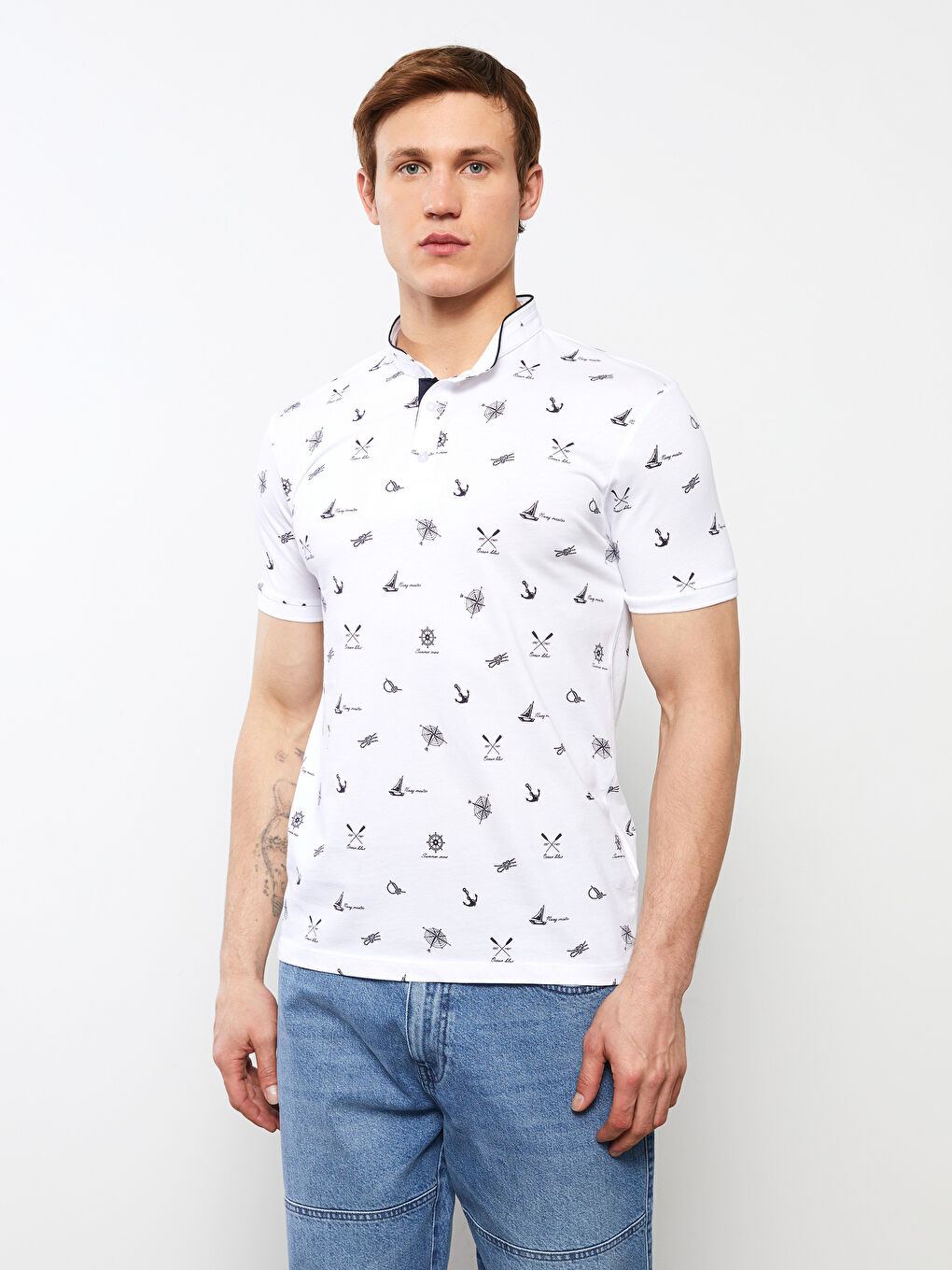 Grandad Collar Short Sleeve Patterned Men's T-Shirt-1