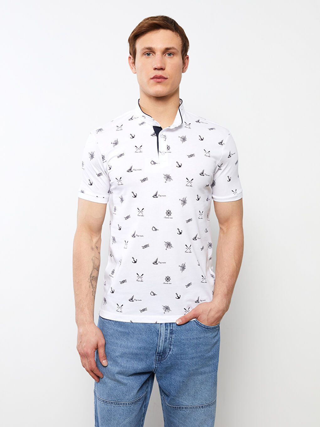 Grandad Collar Short Sleeve Patterned Men's T-Shirt-2