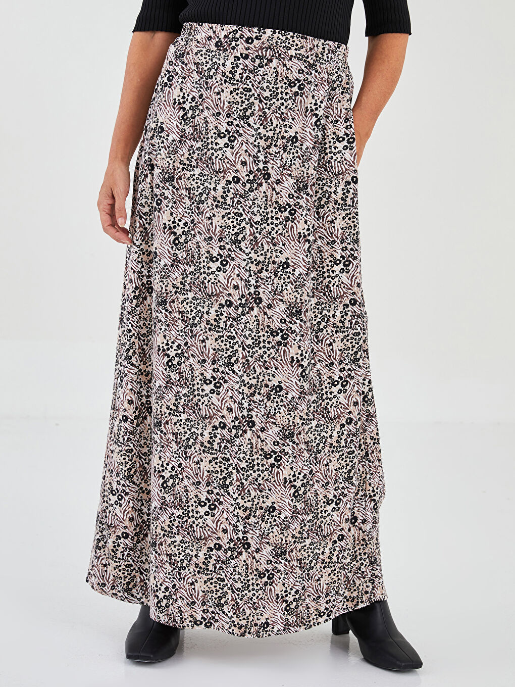Bej Beli Lastikli Desenli A Kesim Belmando Kumaş Kadın Etek-3