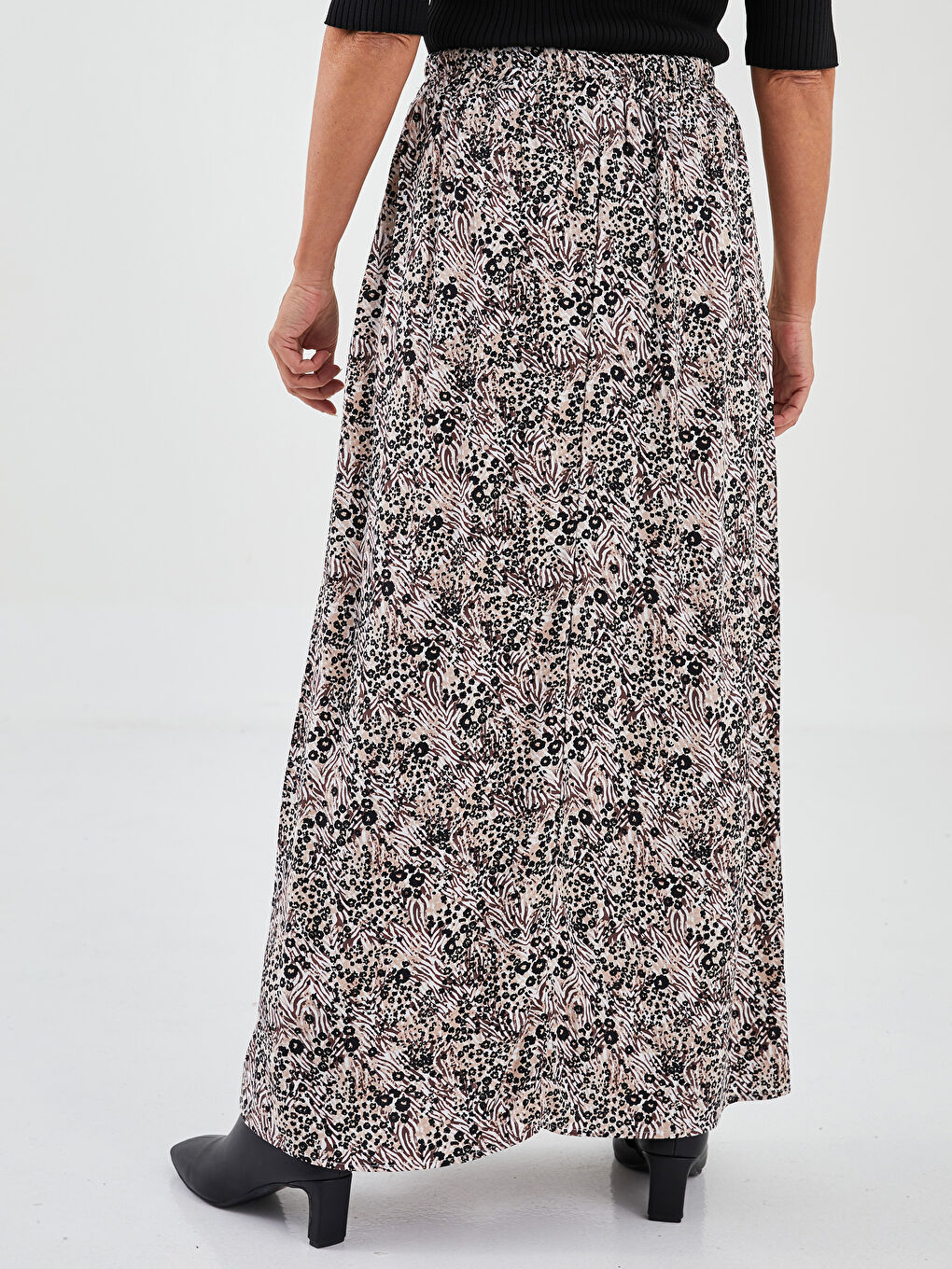 Bej Beli Lastikli Desenli A Kesim Belmando Kumaş Kadın Etek-4