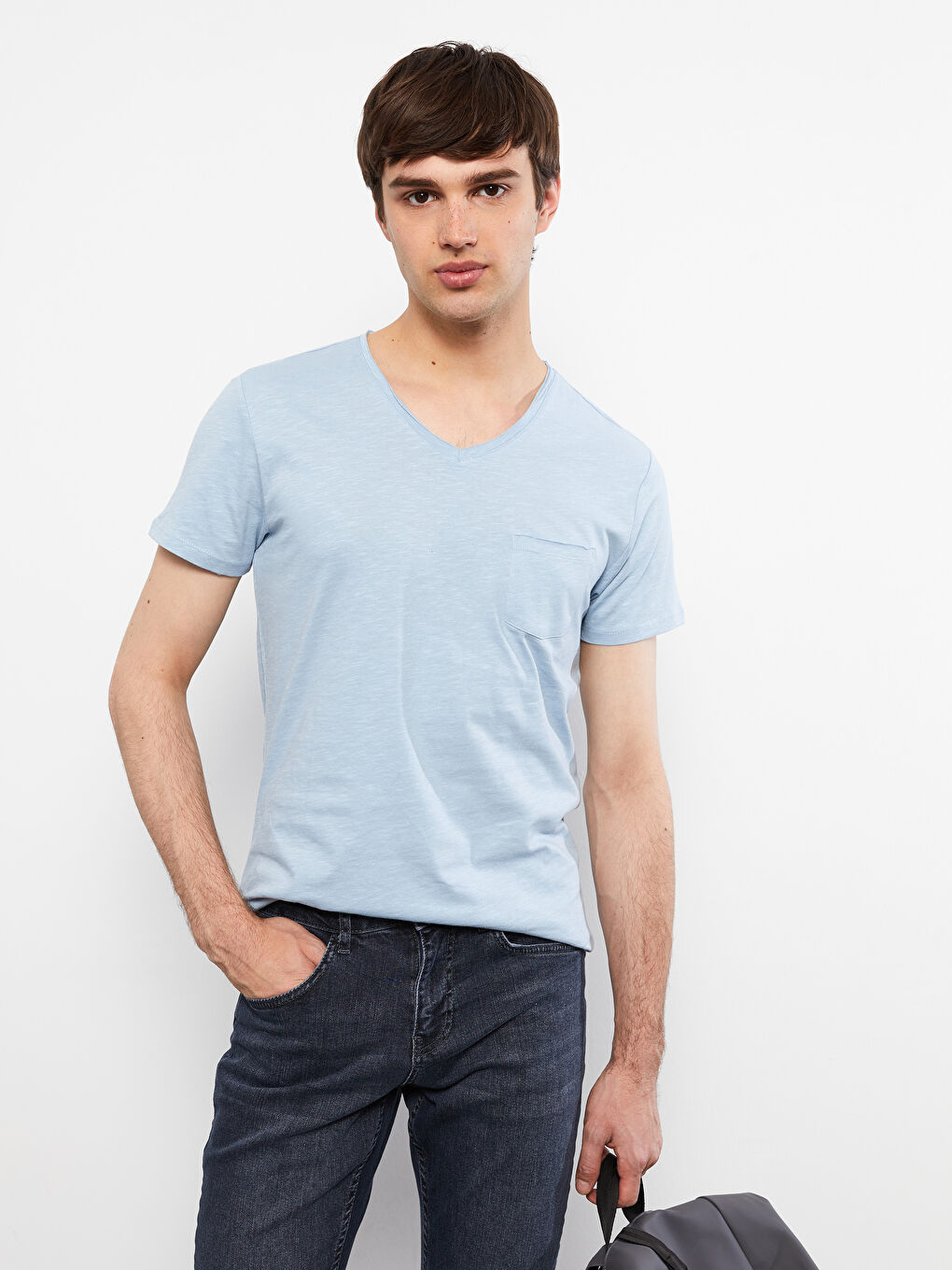 Mavi V Yaka Kısa Kollu Basic Pamuklu Erkek Tişört
