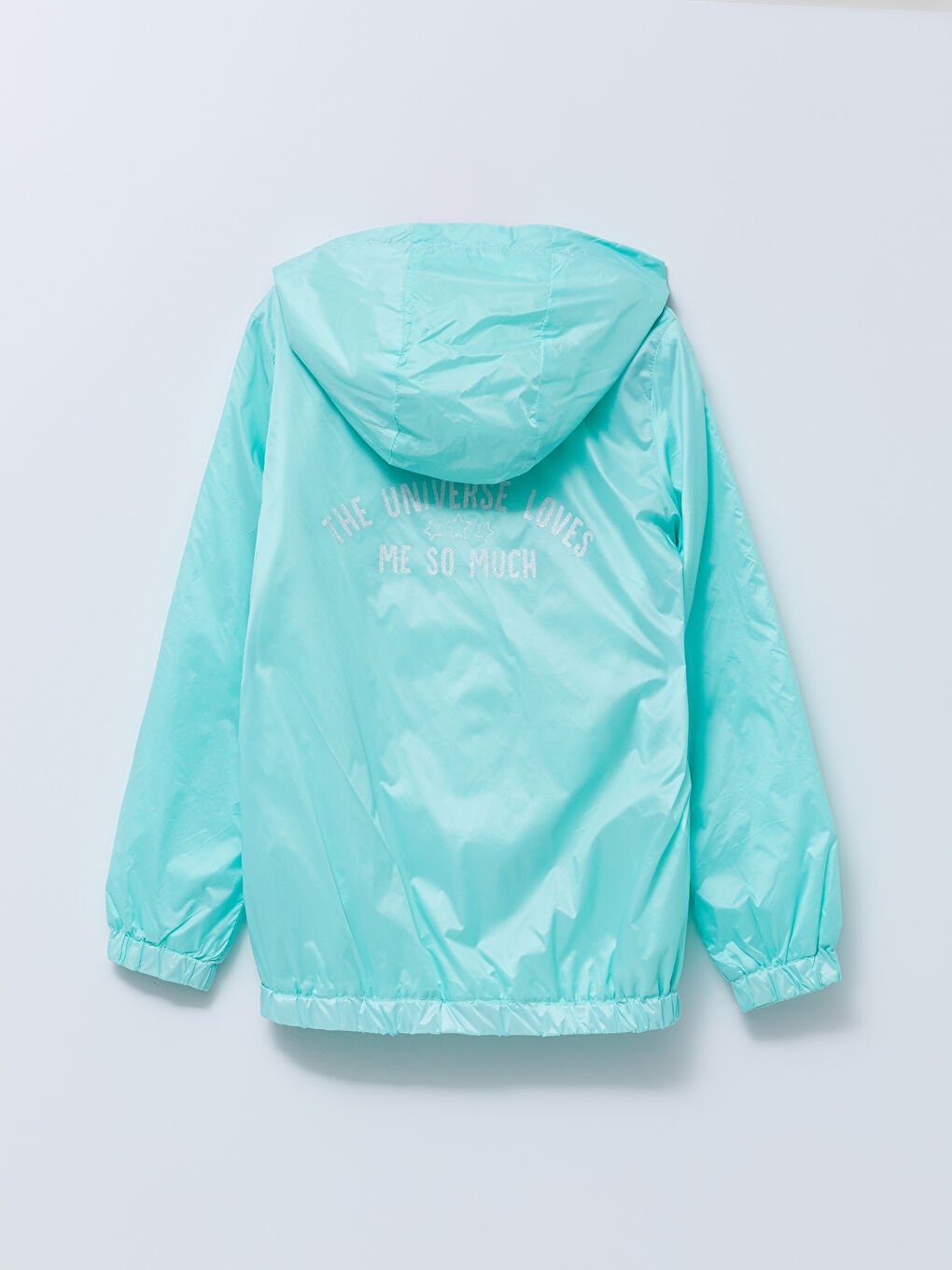 Turkuaz Kapüşonlu Baskılı Kız Çocuk Mont ve Mont Torbası-1