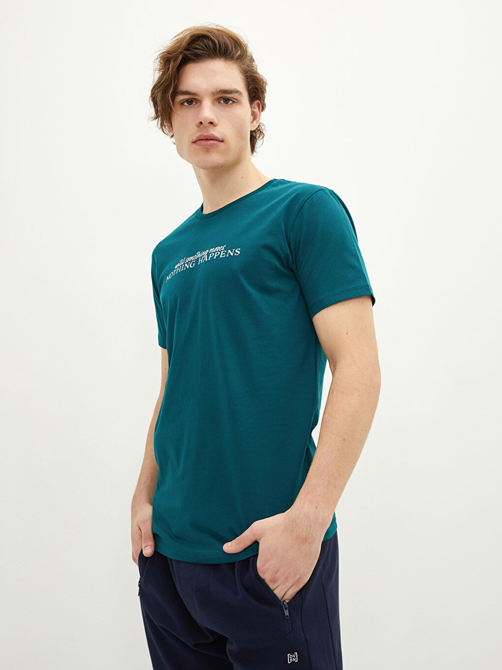 Yeşil Bisiklet Yaka Kısa Kollu Baskılı Penye Erkek Tişört-1