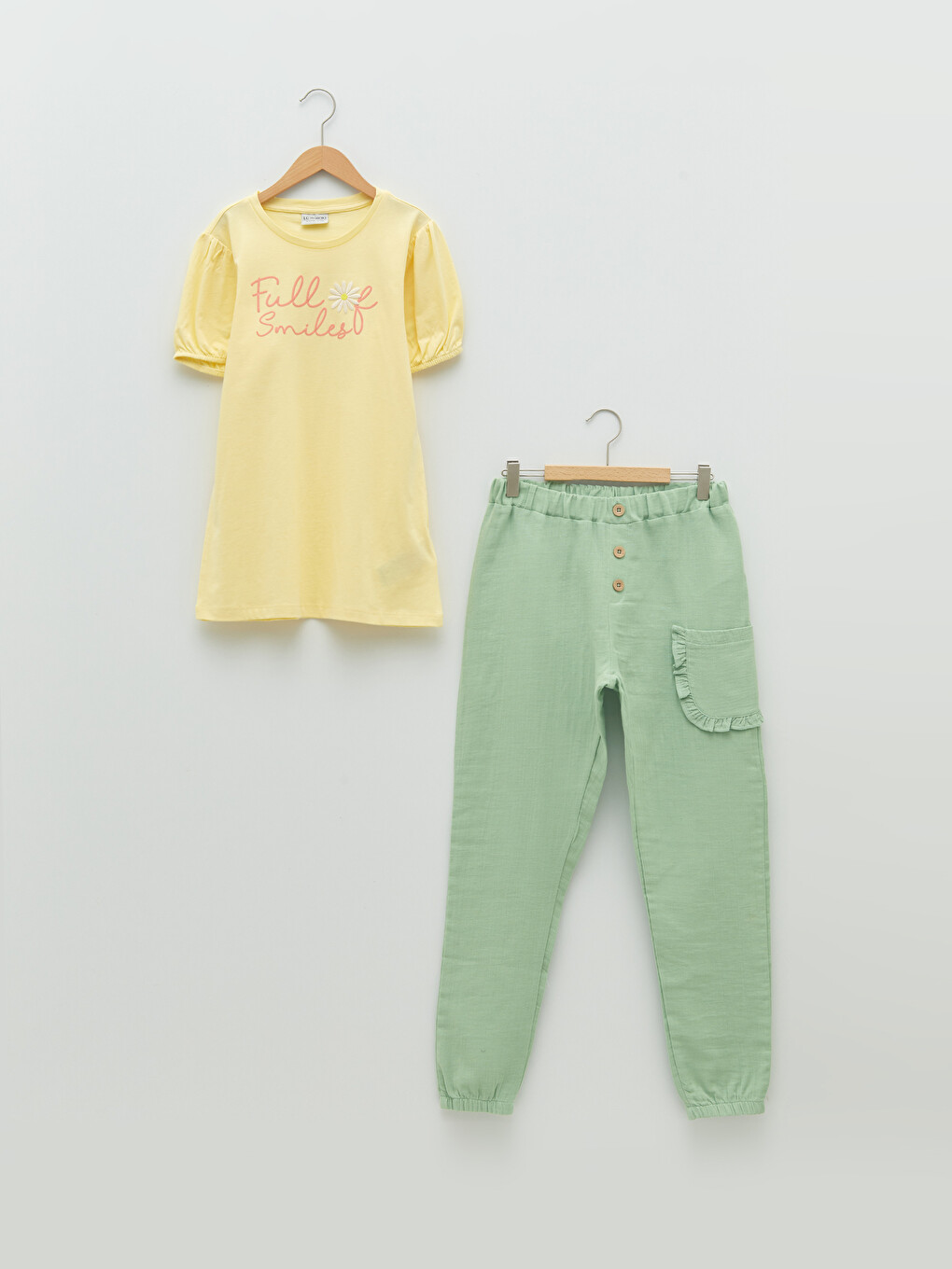 Crew Neck Printed Short Sleeve Girls' T-shirt And Trousers