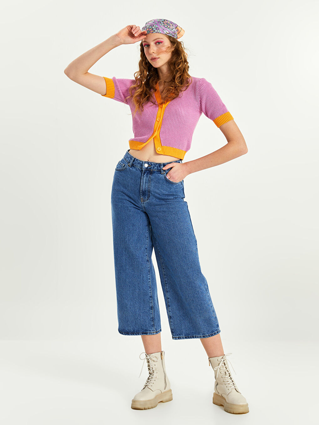 Turuncu Pamuklu Desenli Kadın Bandana-1