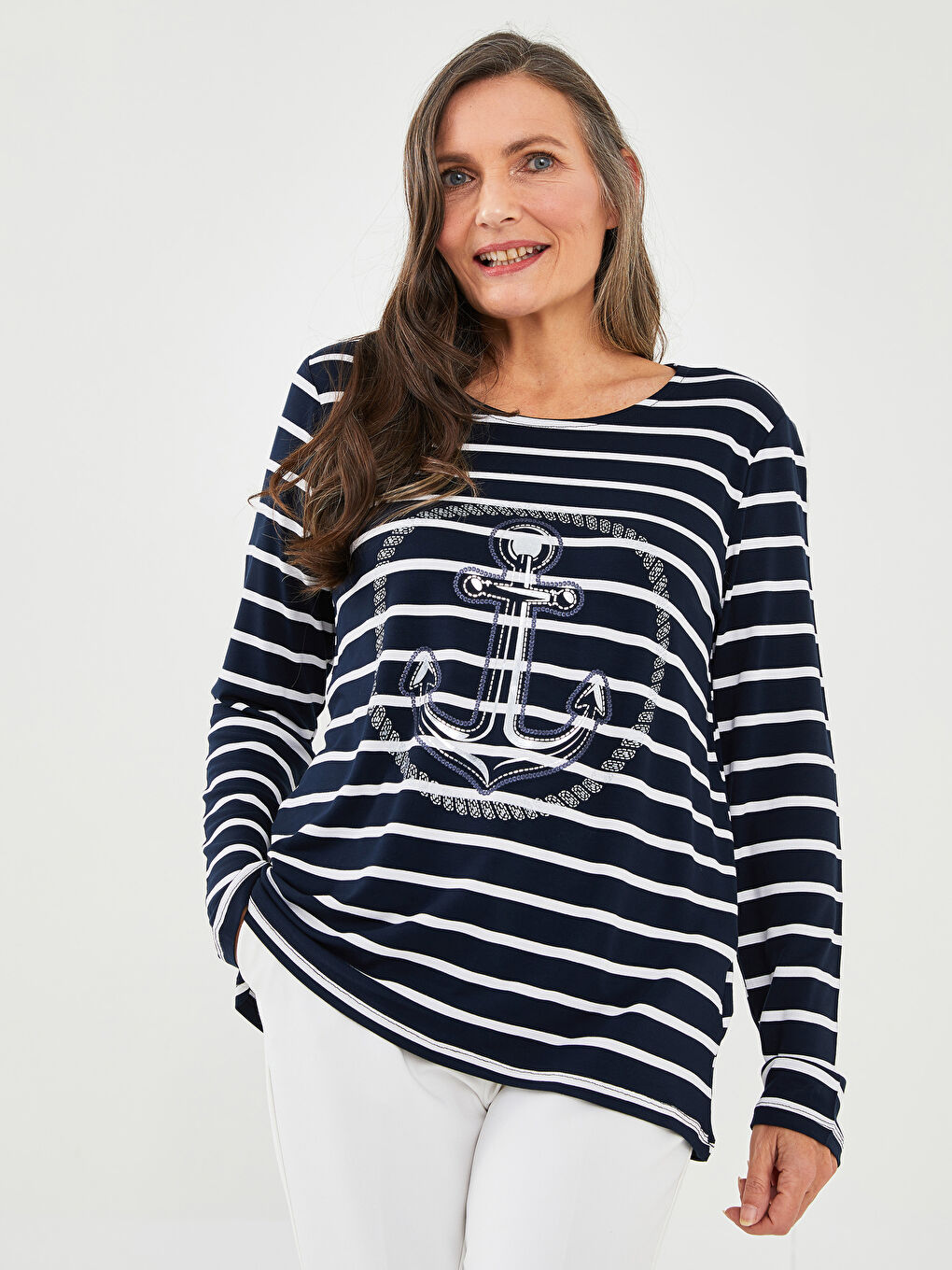 Lacivert Bisiklet Yaka Çizgili Uzun Kollu Kadın Tişört-1