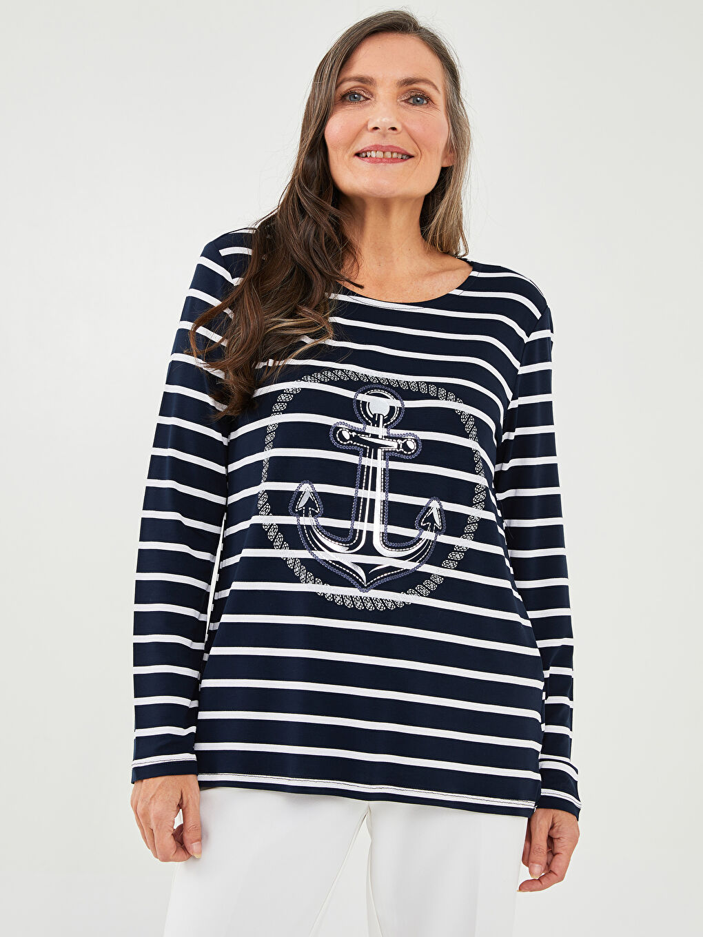 Lacivert Bisiklet Yaka Çizgili Uzun Kollu Kadın Tişört-2