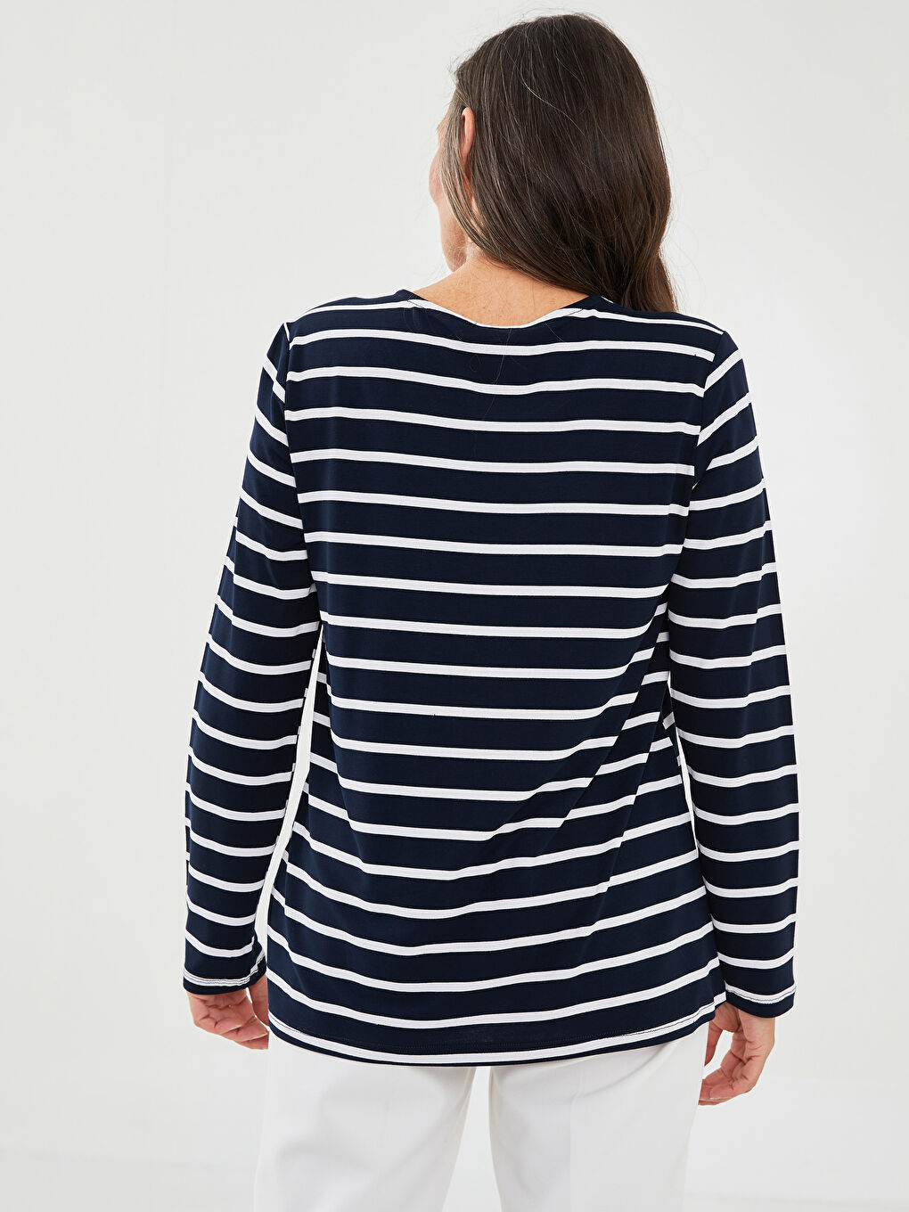 Lacivert Bisiklet Yaka Çizgili Uzun Kollu Kadın Tişört-4