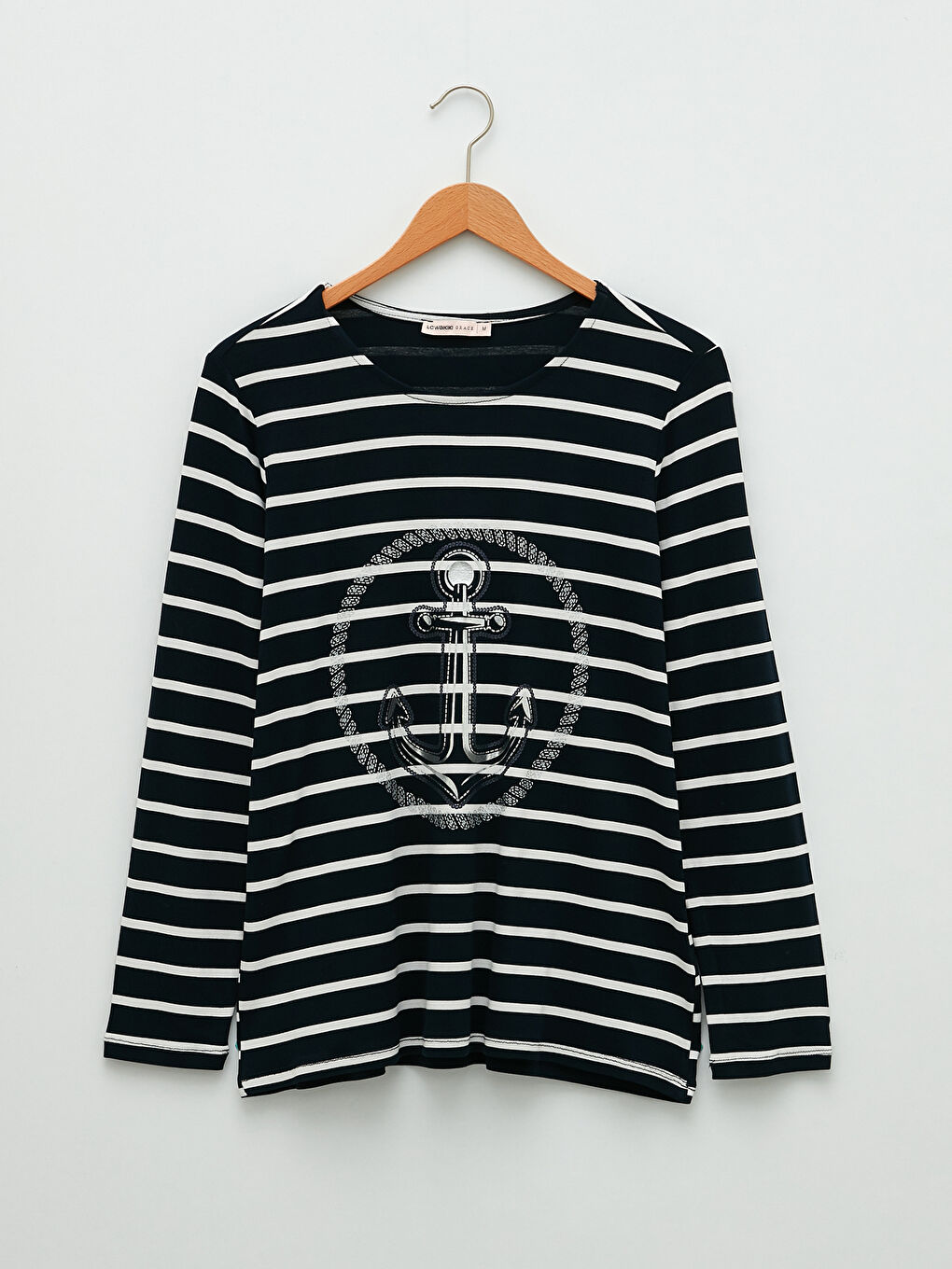 Lacivert Bisiklet Yaka Çizgili Uzun Kollu Kadın Tişört-5