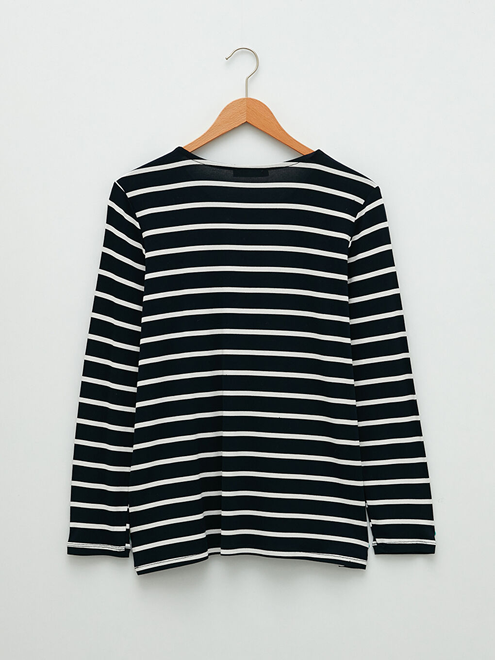 Lacivert Bisiklet Yaka Çizgili Uzun Kollu Kadın Tişört-6