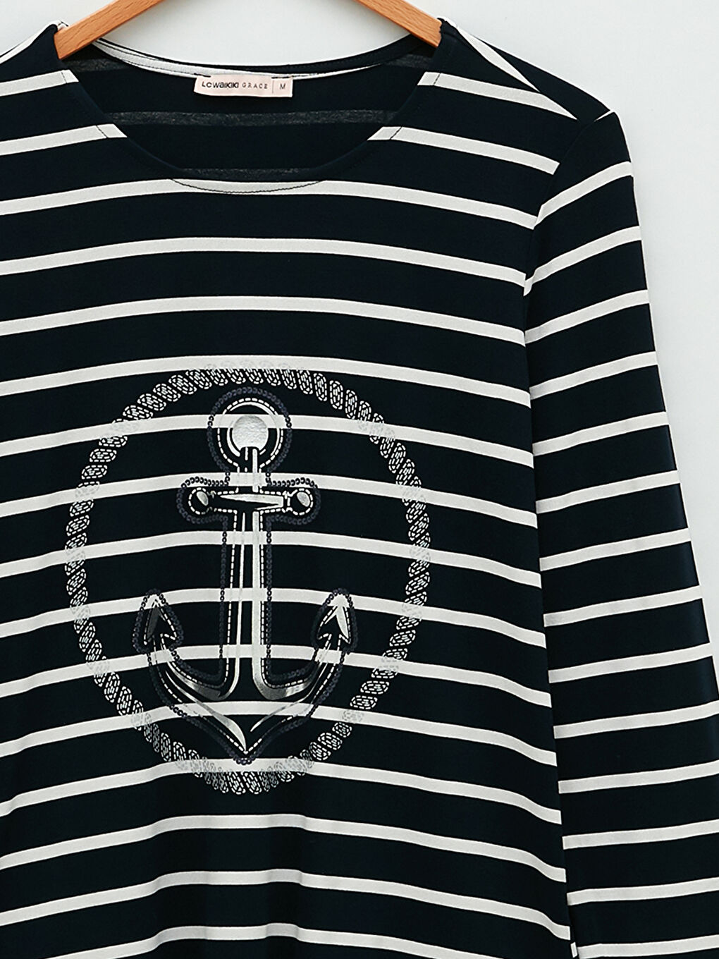 Lacivert Bisiklet Yaka Çizgili Uzun Kollu Kadın Tişört-7
