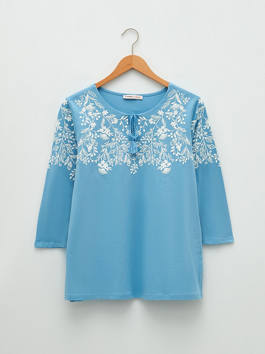 Mavi Bağlamalı Yaka Desenli Pamuklu Kadın Bluz-5