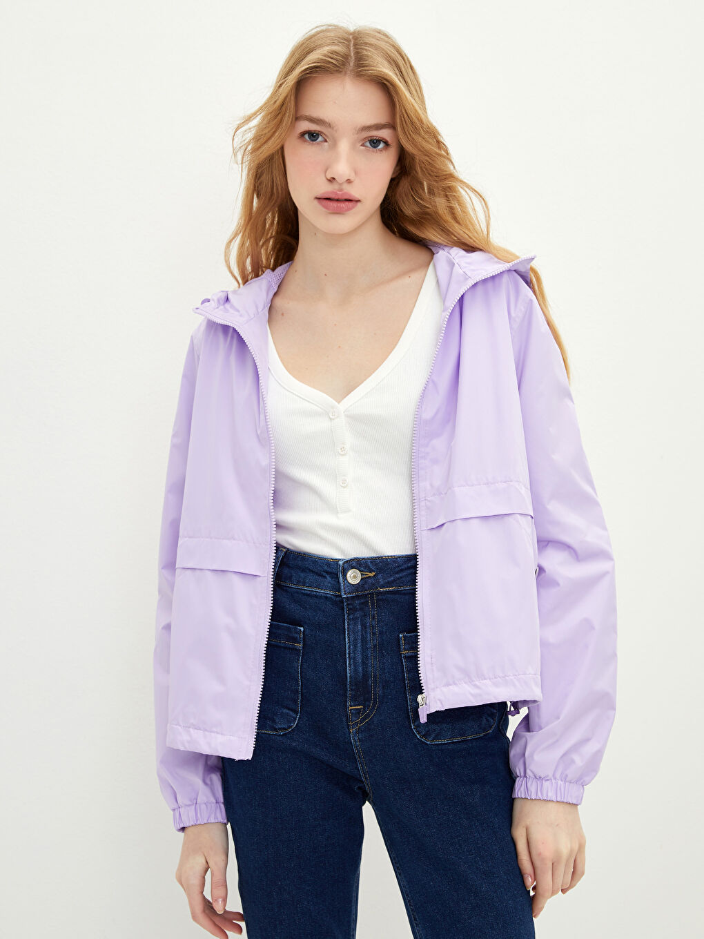 Lila Kadın Kapüşonlu Düz Yağmurluk