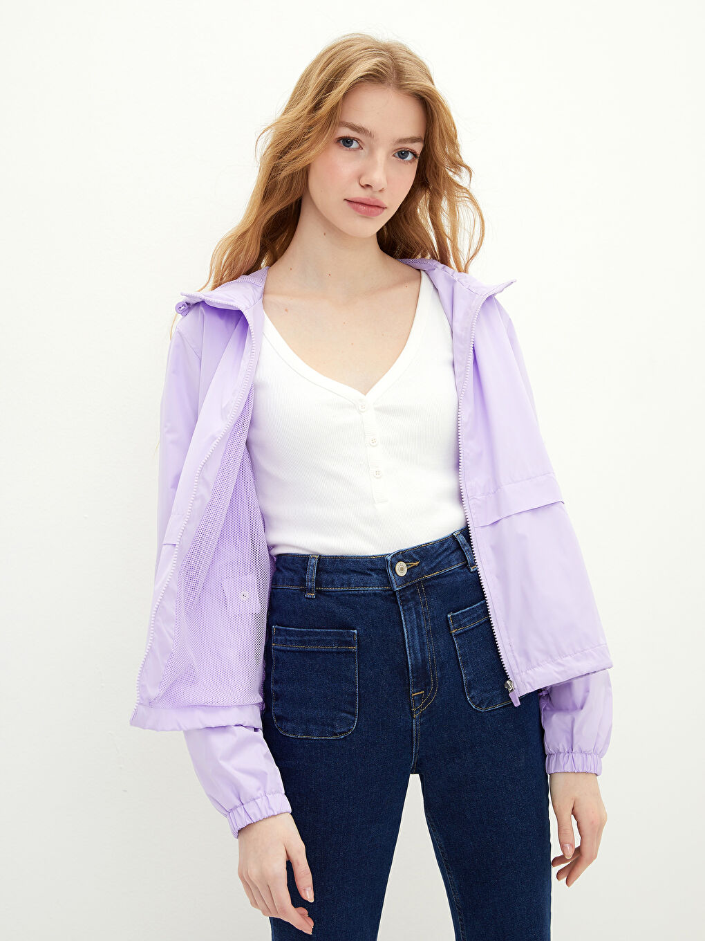 Lila Kadın Kapüşonlu Düz Yağmurluk-1