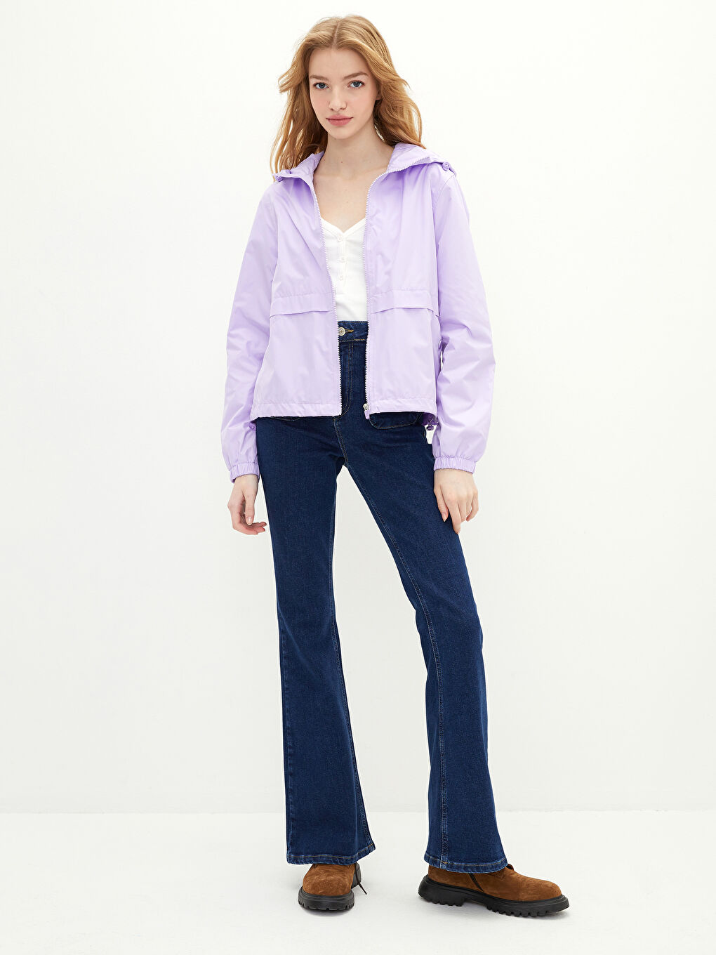 Lila Kadın Kapüşonlu Düz Yağmurluk-4