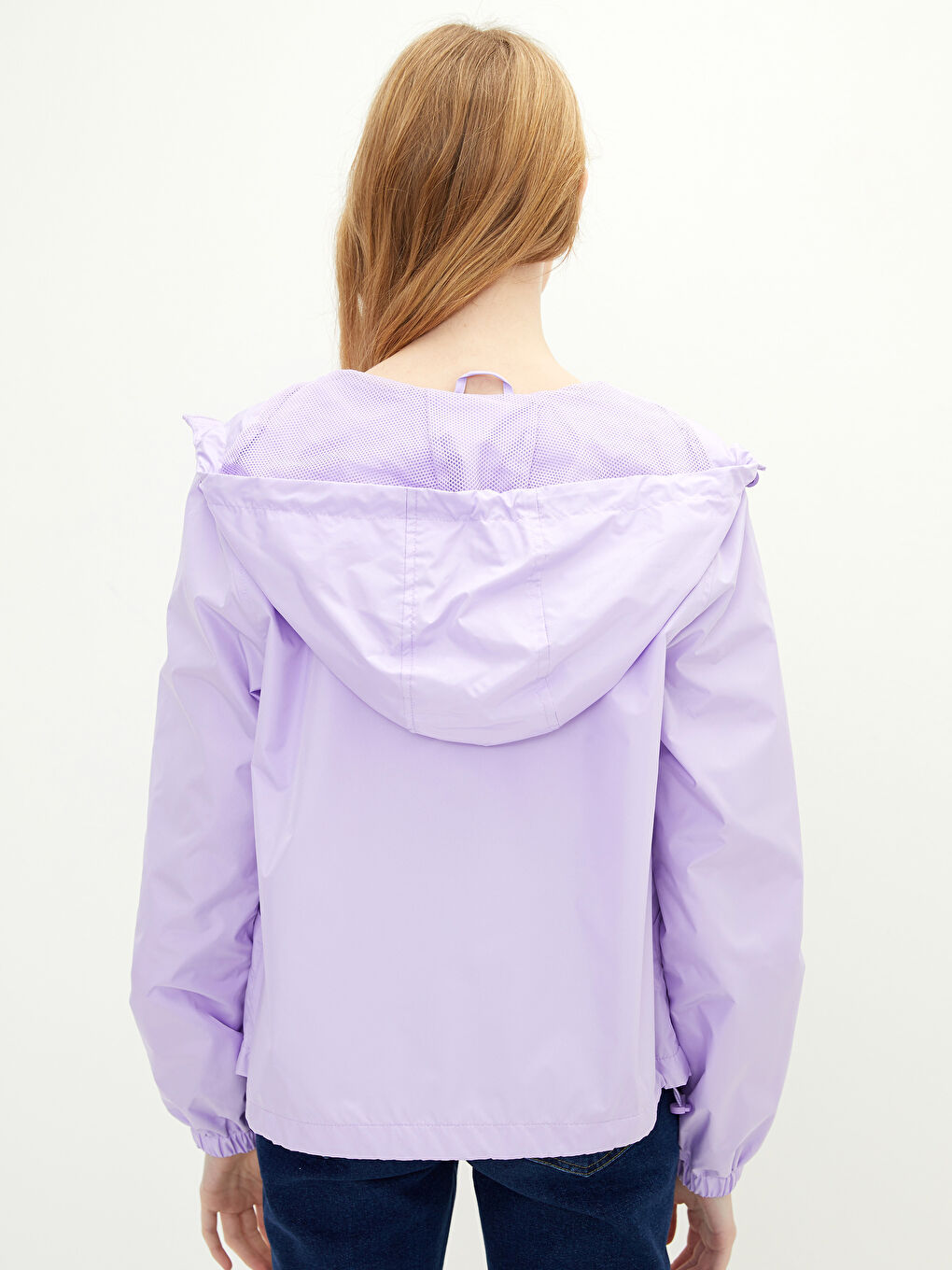 Lila Kadın Kapüşonlu Düz Yağmurluk-5