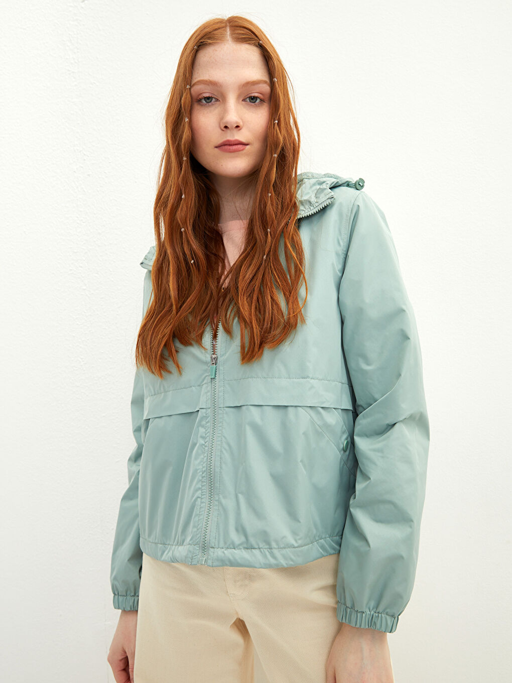 Yeşil Kadın Kapüşonlu Düz Yağmurluk