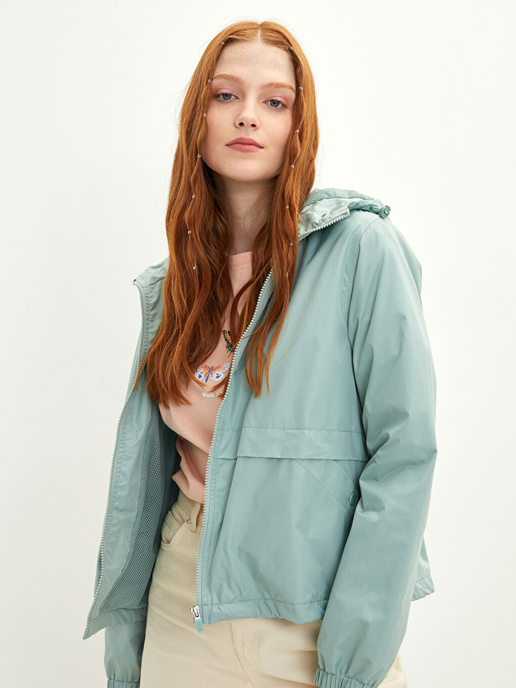 Yeşil Kadın Kapüşonlu Düz Yağmurluk-1