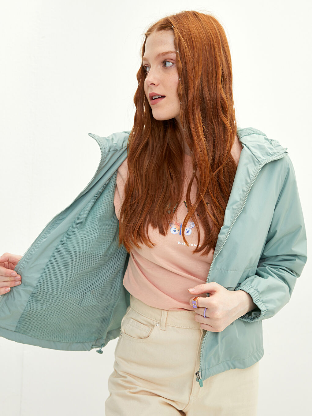 Yeşil Kadın Kapüşonlu Düz Yağmurluk-2