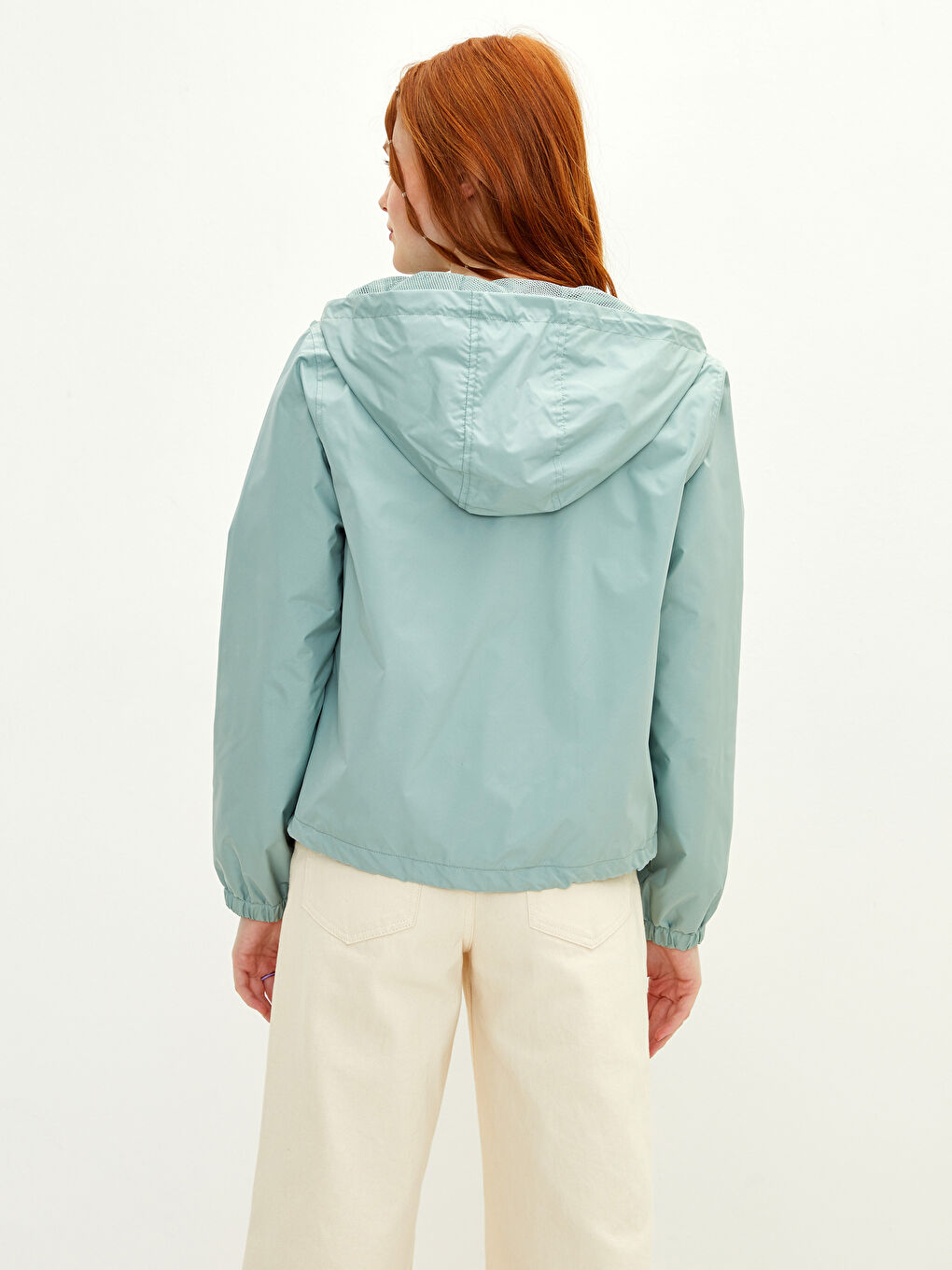 Yeşil Kadın Kapüşonlu Düz Yağmurluk-5