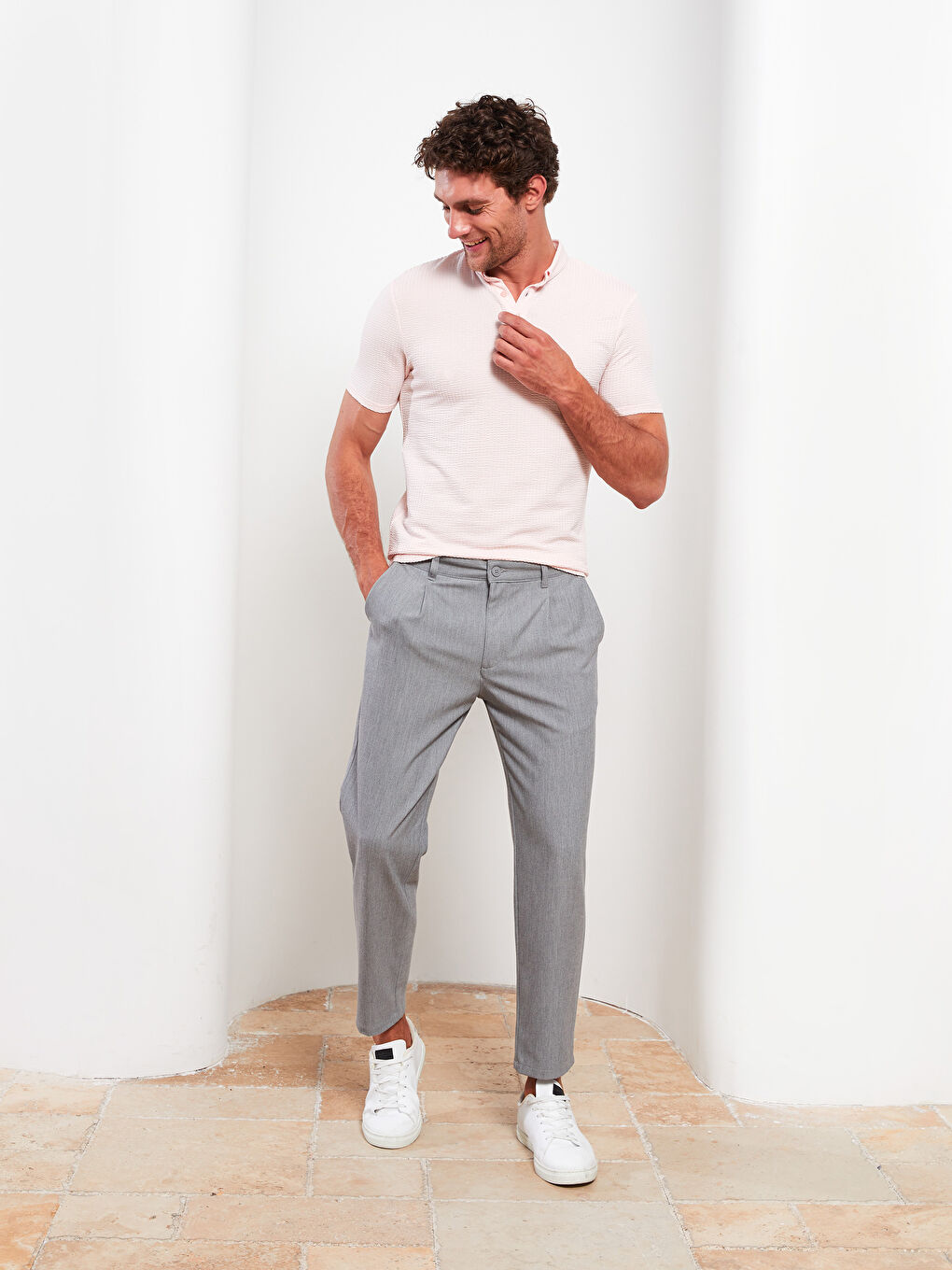 Pembe Polo Yaka Kısa Kollu Erkek Tişört-1