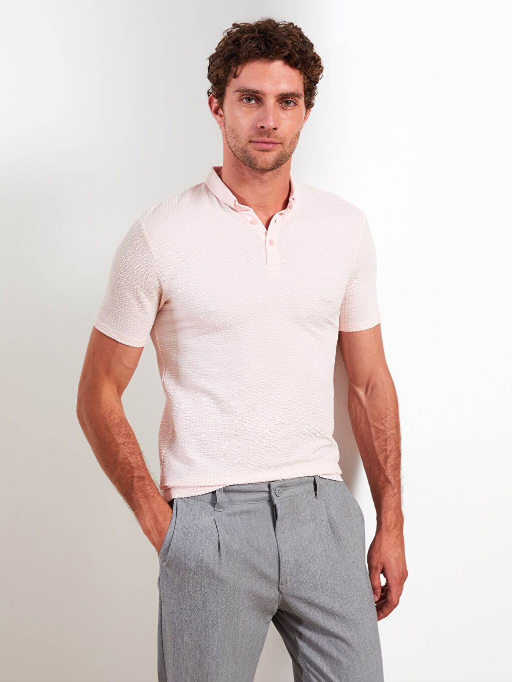 Pembe Polo Yaka Kısa Kollu Erkek Tişört-2