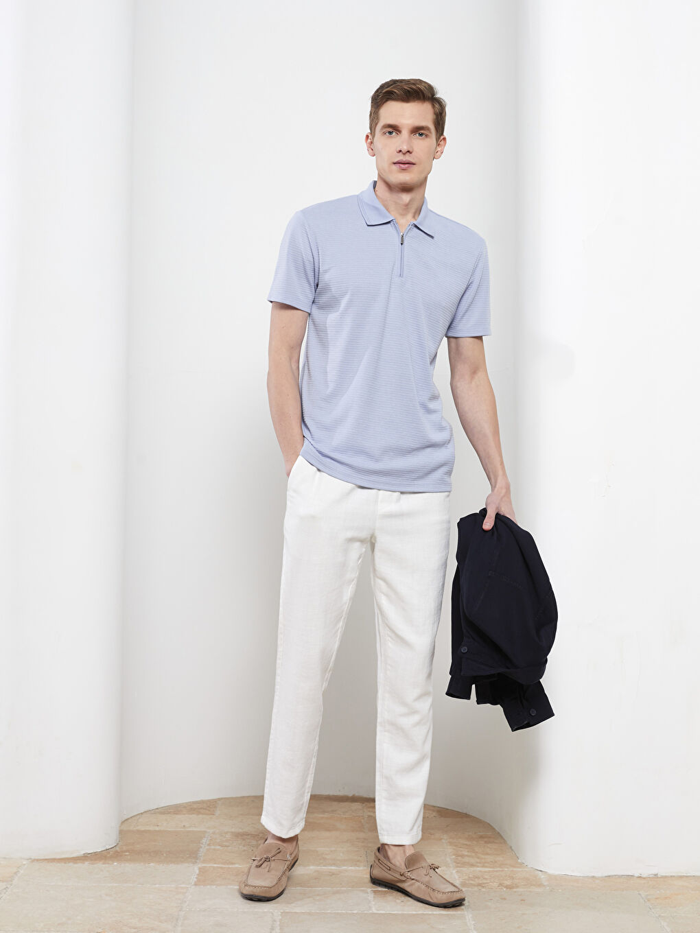 Mavi Polo Yaka Kısa Kollu Penye Erkek Tişört