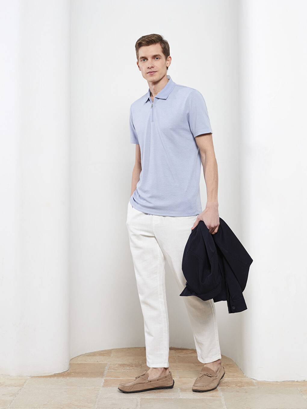 Mavi Polo Yaka Kısa Kollu Penye Erkek Tişört-1