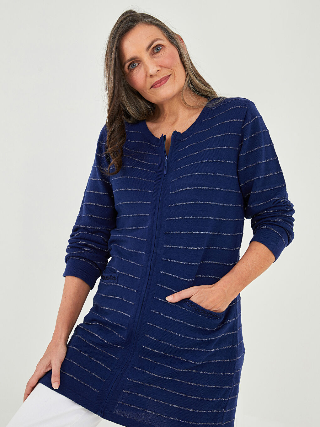 Lacivert Bisiklet Yaka Uzun Kollu Kadın Triko Hırka