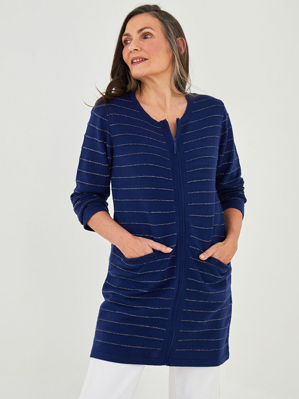 Lacivert Bisiklet Yaka Uzun Kollu Kadın Triko Hırka-1