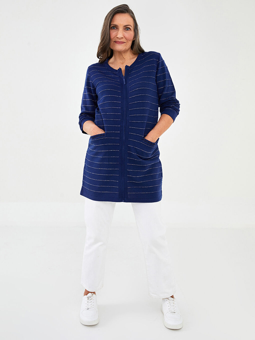 Lacivert Bisiklet Yaka Uzun Kollu Kadın Triko Hırka-2