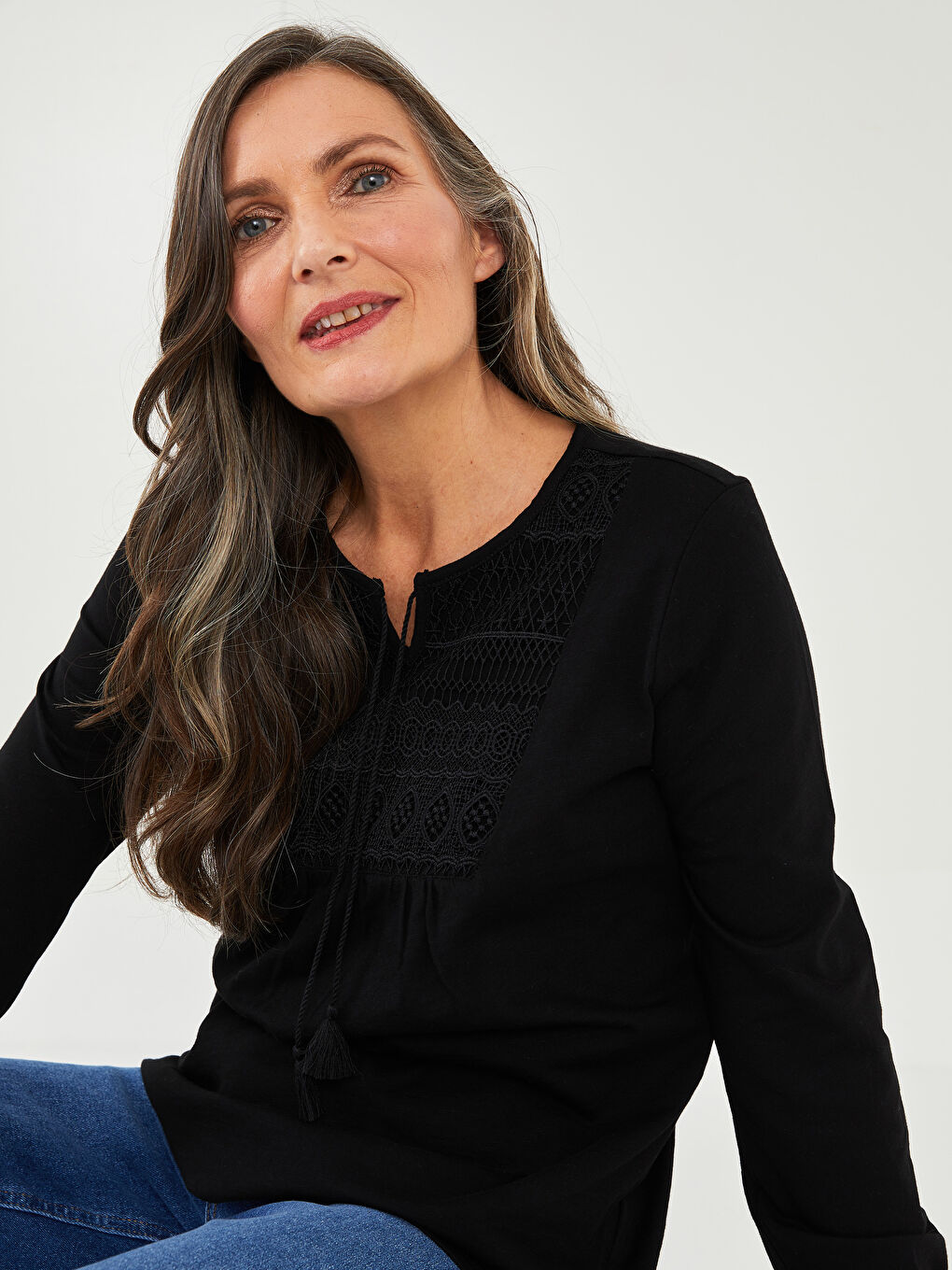 Tie Neck Embroidered Long Sleeve Women's Blouse