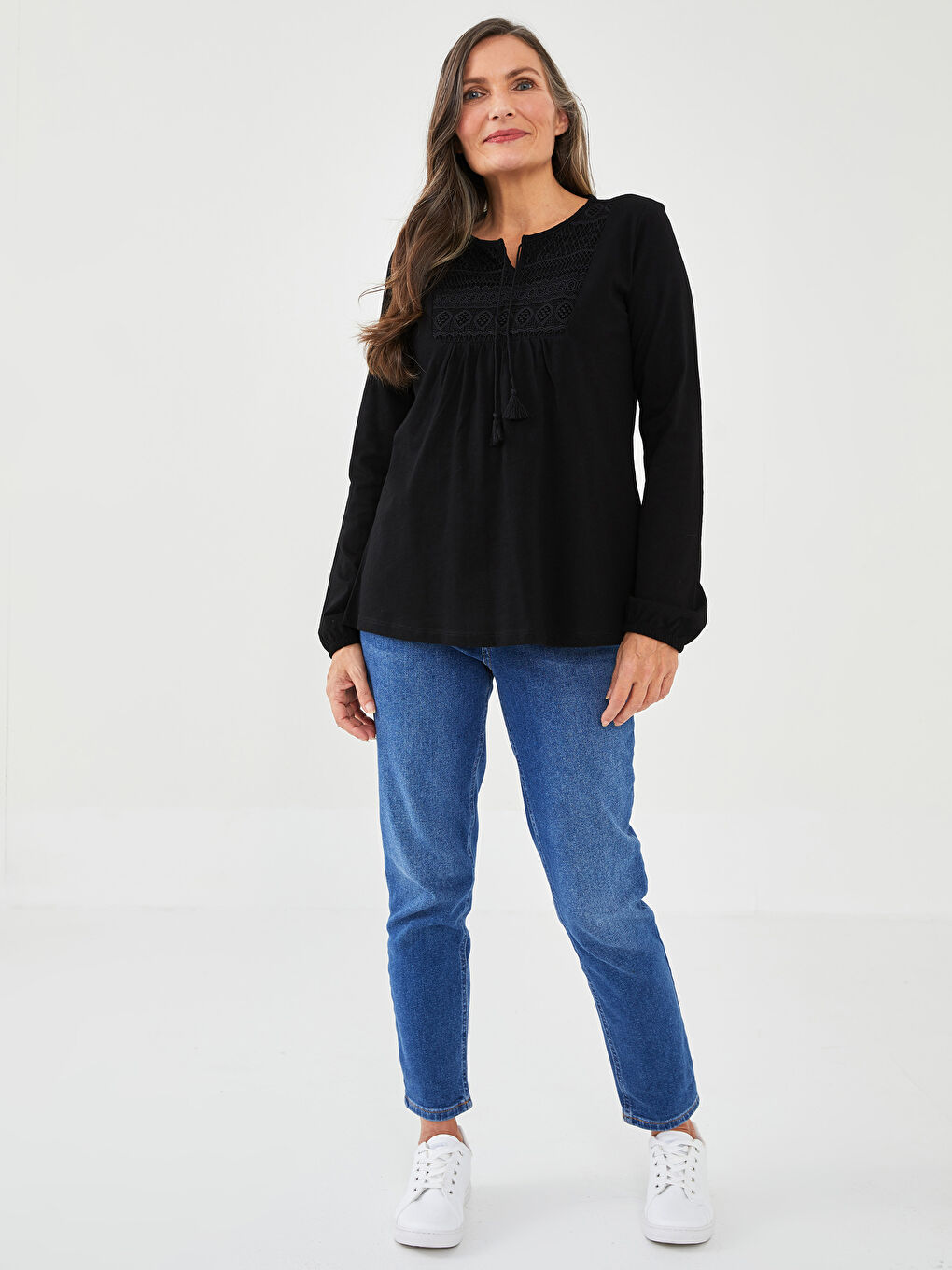 Tie Neck Embroidered Long Sleeve Women's Blouse-3