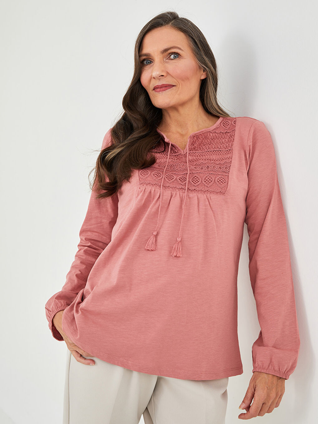 Tie Neck Embroidered Long Sleeve Women's Blouse