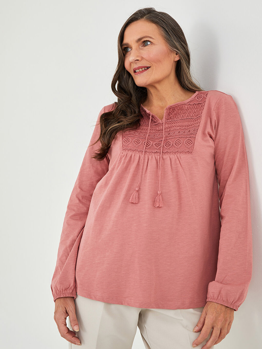 Tie Neck Embroidered Long Sleeve Women's Blouse-1