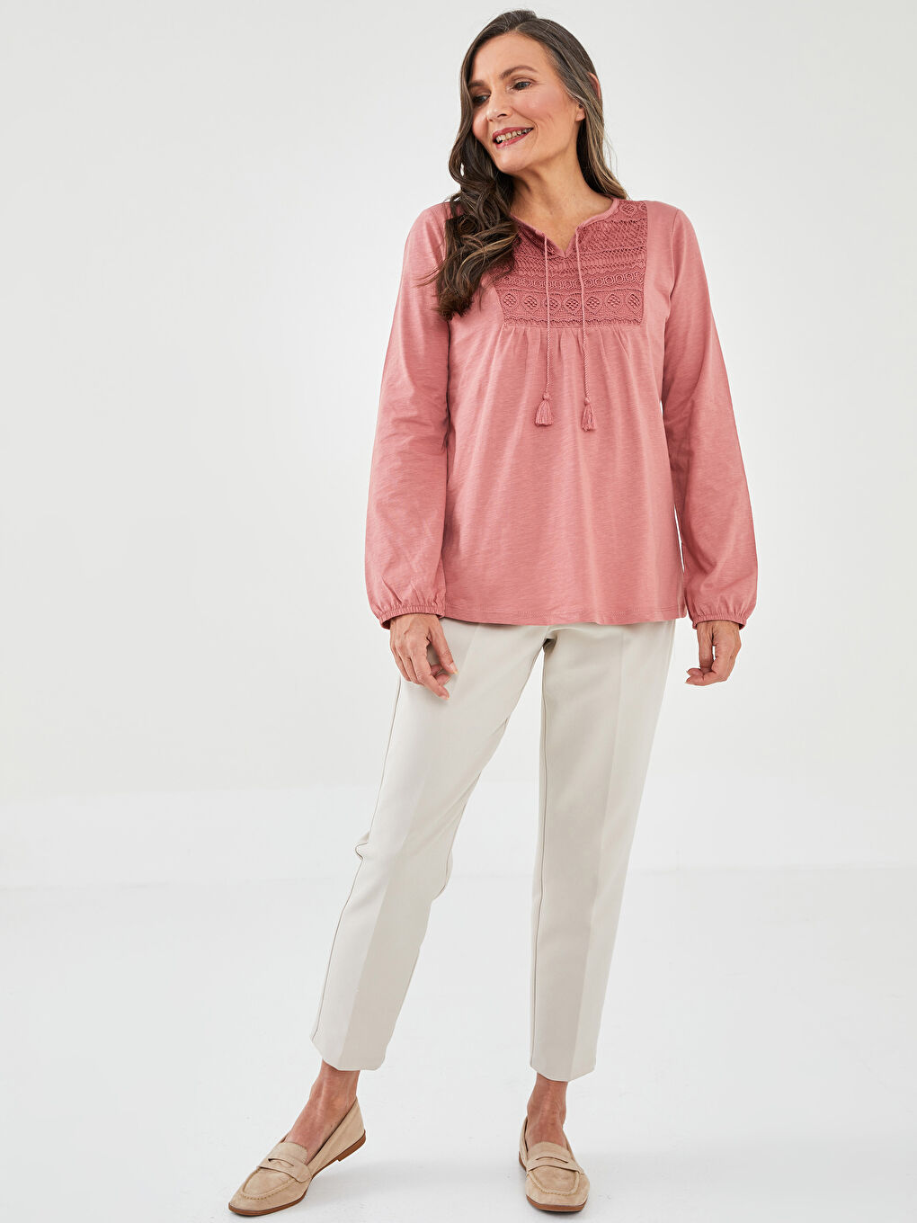 Tie Neck Embroidered Long Sleeve Women's Blouse-3