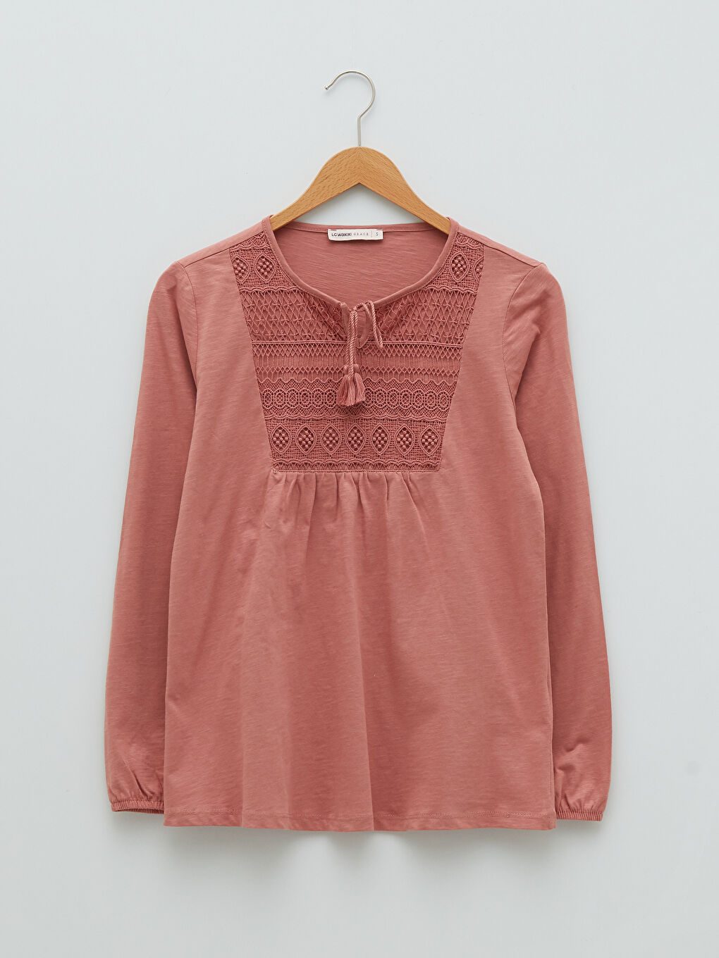 Tie Neck Embroidered Long Sleeve Women's Blouse-5