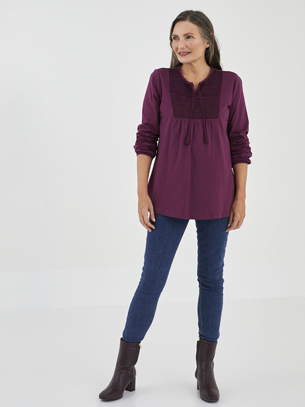 LCW Grace Tie Neck Embroidered Long Sleeve Women's Blouse -S25934Z8-HNN