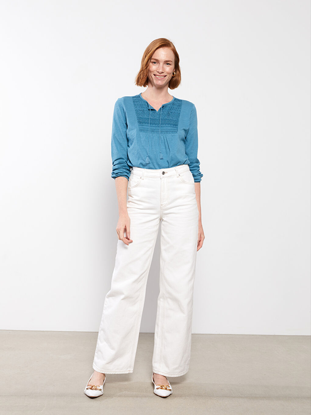 Tie Neck Embroidered Long Sleeve Women's Blouse-1