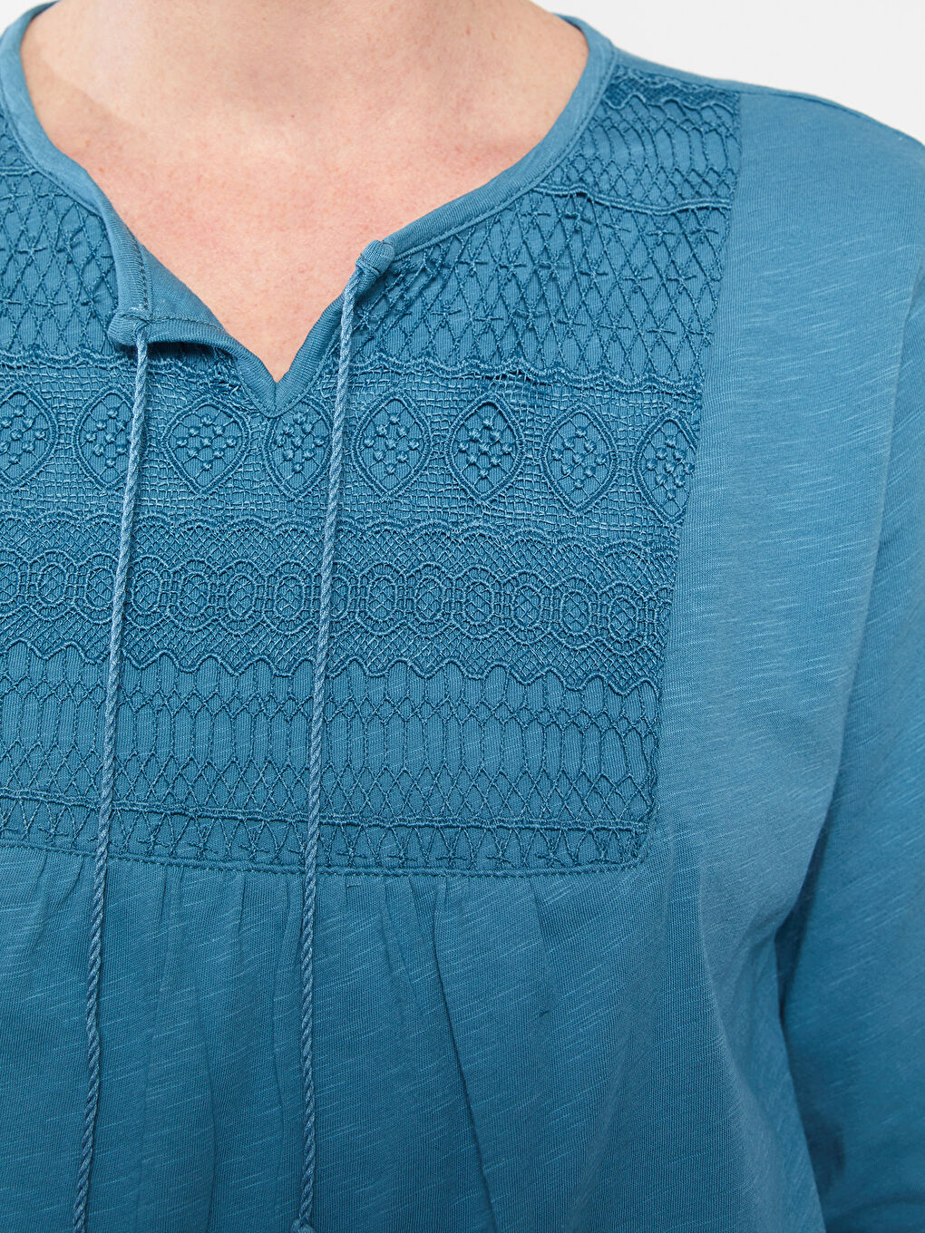 Tie Neck Embroidered Long Sleeve Women's Blouse-3